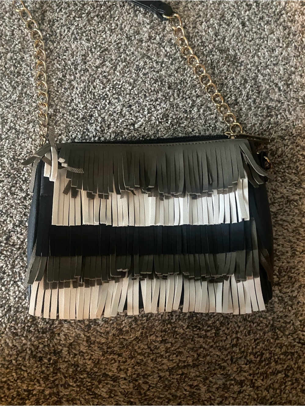 Fringe Accent Crossbody Bag - Black, Gray & White